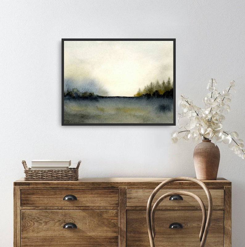 Misty forest print watercolor pine tree wall art watercolor landscape painting large neutral wall decor dark forest painting blue beige image 9