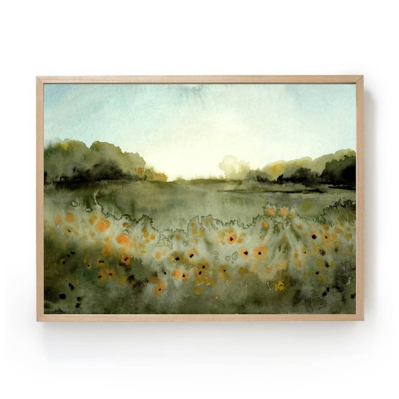 May include: A watercolor painting of a field of yellow flowers in the foreground with a green field and trees in the background. The sky is a light blue with a hint of yellow.