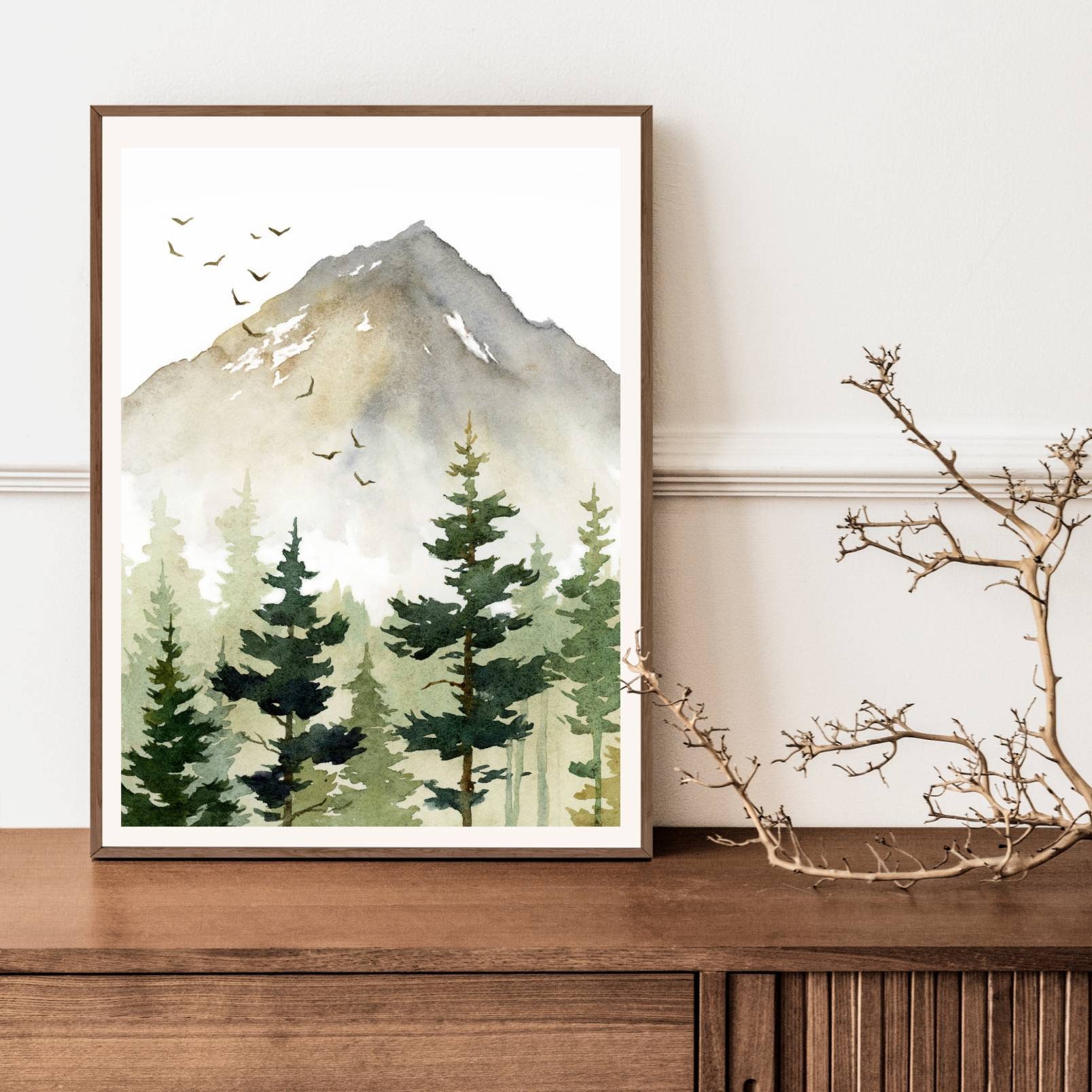Pine Forest Art Print Mountain Painting Pine Tree Wall Art Watercolor ...