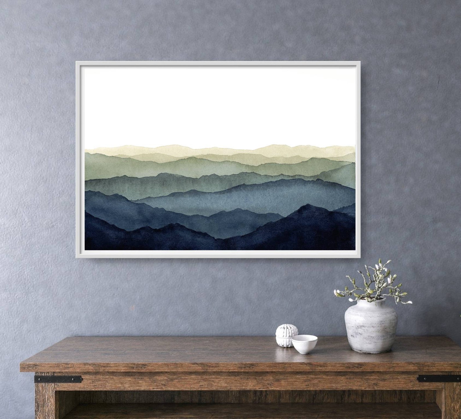 Minimalist Landscape Blue Mountains Wall Art Watercolor Painting Misty ...