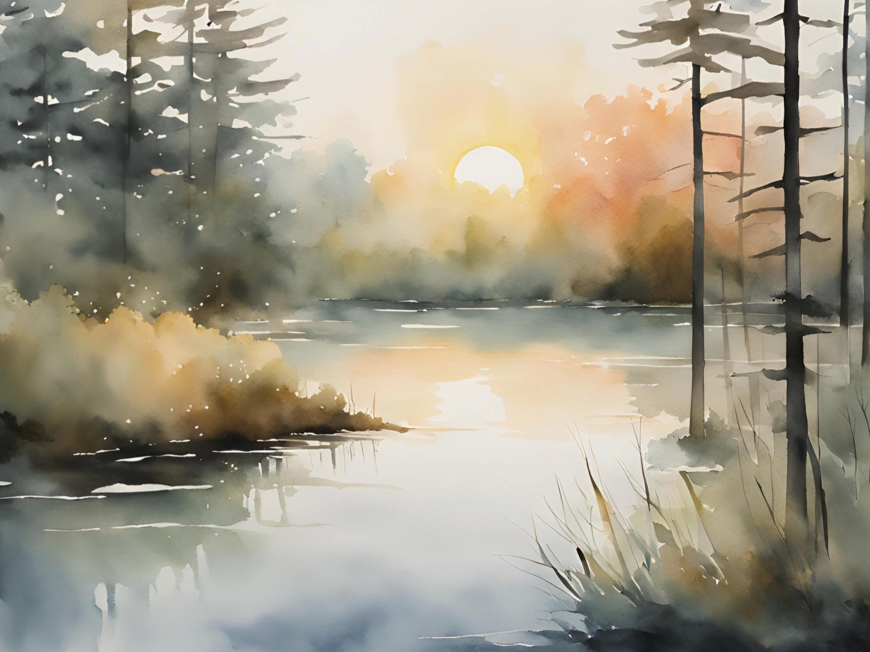 Sunrise Forest Lake Painting Pine Trees Watercolor Art Print Neutral ...