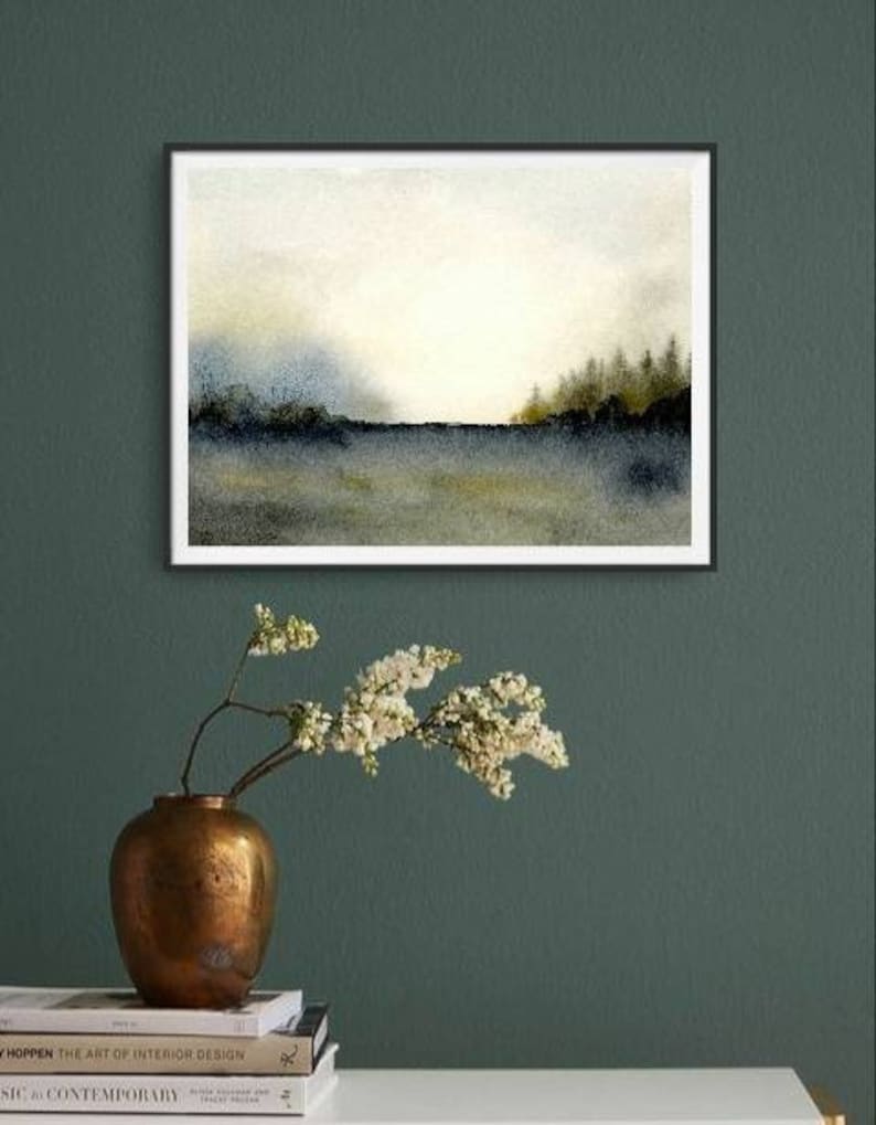 Misty forest print watercolor pine tree wall art watercolor landscape painting large neutral wall decor dark forest painting blue beige image 2