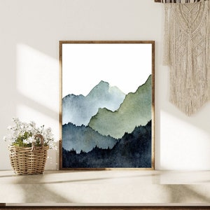 Aquarell Landschaft Berge Malerei abstrakte Kunst Bilder Wohnzimmer vertikal nebeliger Wald Kunstdruck minimalistisch blau grün Poster XXL Bild 8