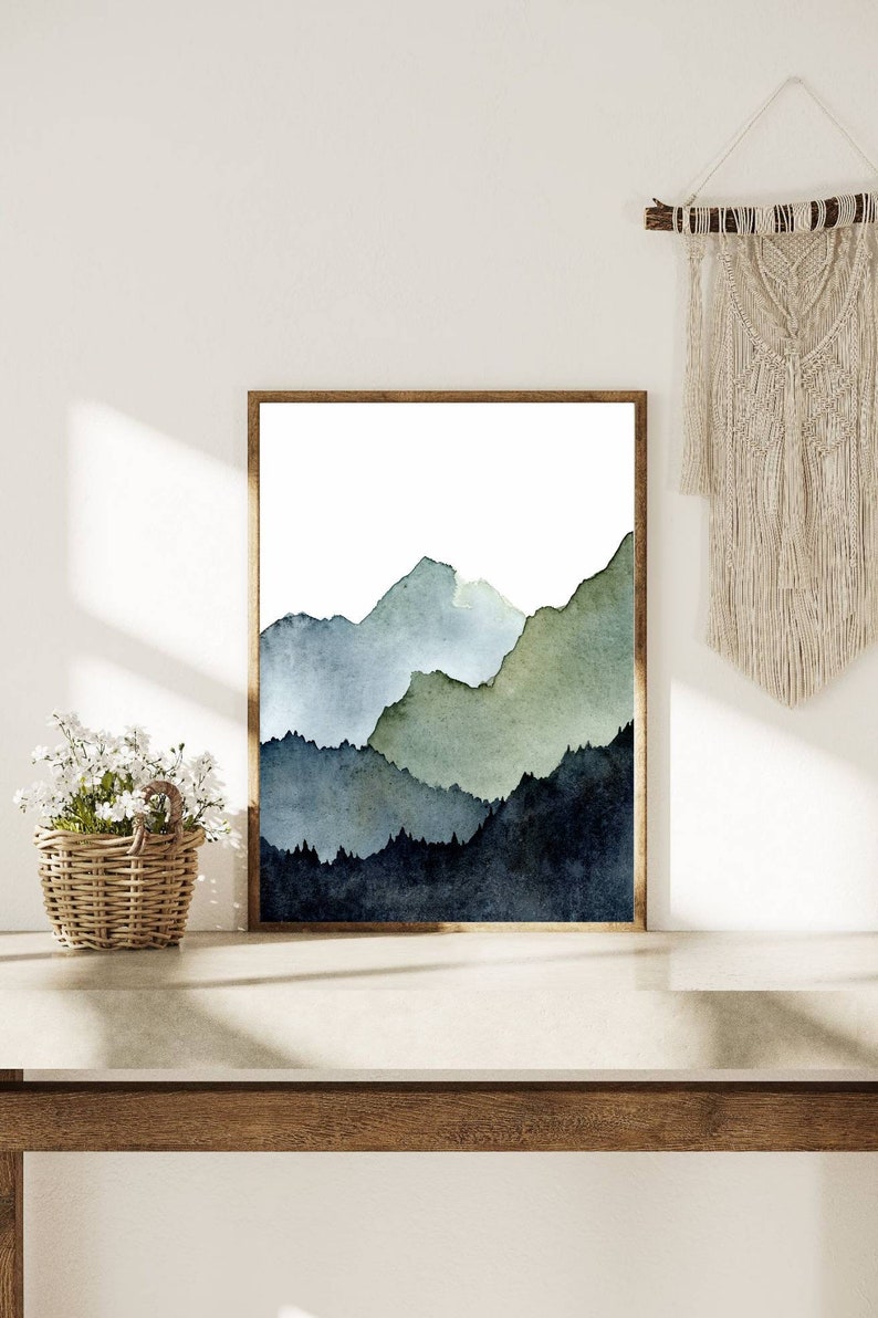 Aquarell Landschaft Berge Malerei abstrakte Kunst Bilder Wohnzimmer vertikal nebeliger Wald Kunstdruck minimalistisch blau grün Poster XXL Bild 8