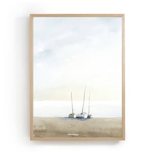 Barche a vela Acquerello Pittura Minimalista Arte Mare Paesaggio Grande Parete Arte Paesaggio marino Barche Arte moderna Spiaggia Pittura Poster