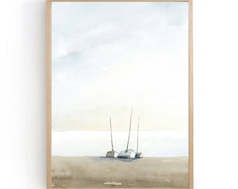 Segelboote Aquarellbild minimalistische Kunst Meer Landschaft große Wandkunst Seelandschaft Boote moderne Kunst Strand Malerei Poster