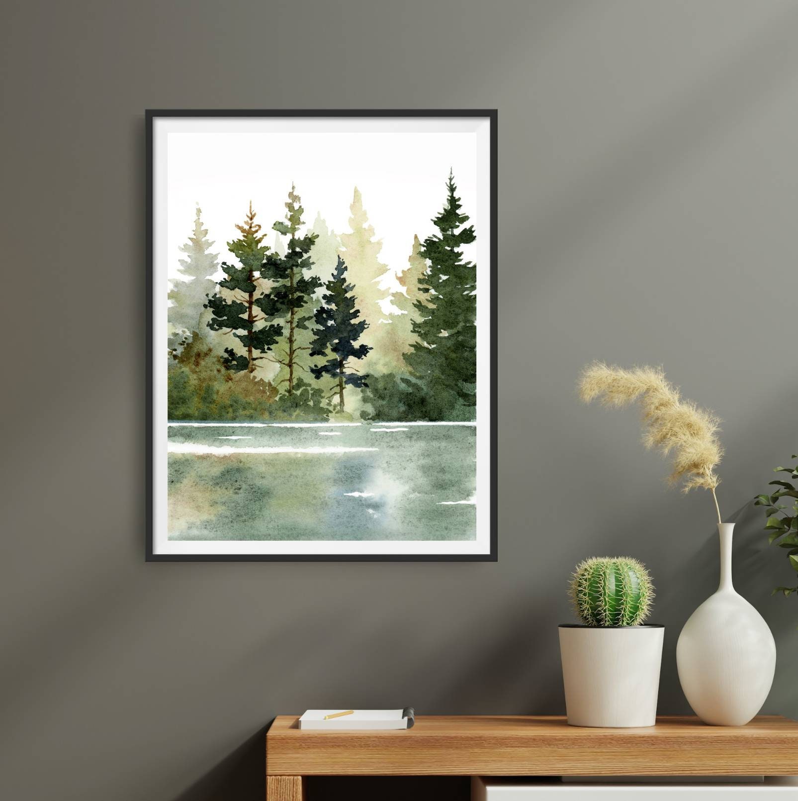 Forest Lake Watercolor Painting Pine Tree Art Prints Minimalist Wall ...