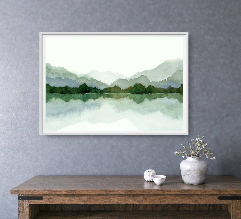 Forest Lake Wall Art Panoramic Landscape Blue Green Lake Watercolor ...