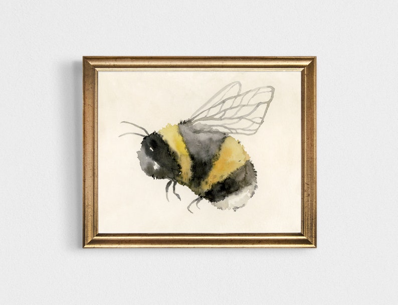May include: A watercolor painting of a bumblebee with black and yellow stripes, a gray head, and transparent wings. The bee is in flight and is painted on a white background.