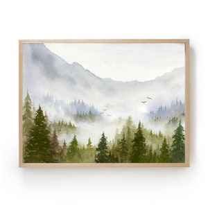 Large mountain forest watercolor painting print of evergreen trees foggy forest art print green blue mountains misty landscape wall art