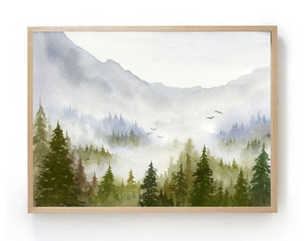 Large mountain forest watercolor painting print of evergreen trees foggy forest art print green blue mountains misty landscape wall art