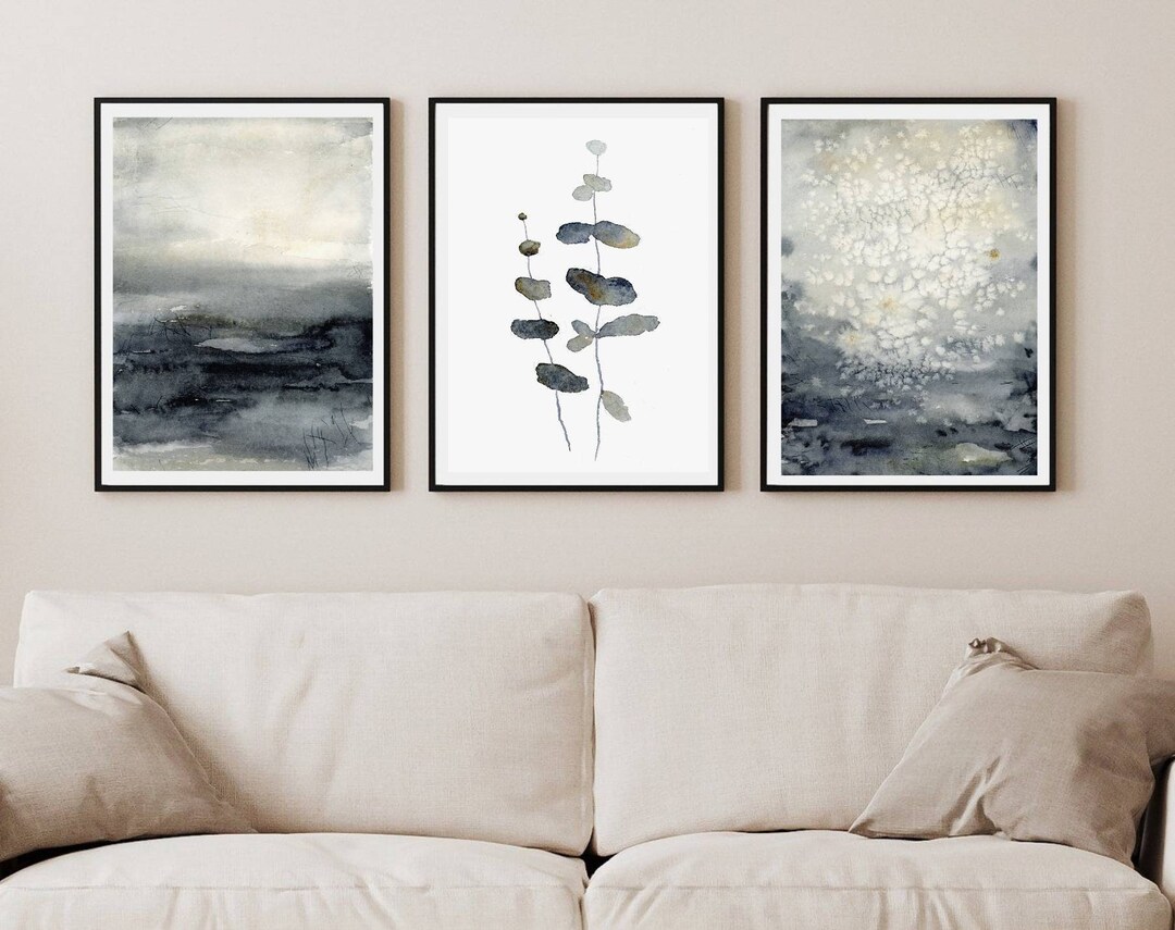 Wall Art Set of 3 Indigo Blue Prints Watercolor Painting Art Print Set ...