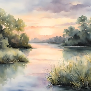 Sunset Lake Painting Great Lakes Watercolor Art Print Michigan Landscape Large Wall Art Lake Cottage Wall Decor