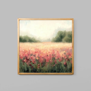 May include: A framed painting of a field of pink flowers with a hazy background of trees and a light blue sky.