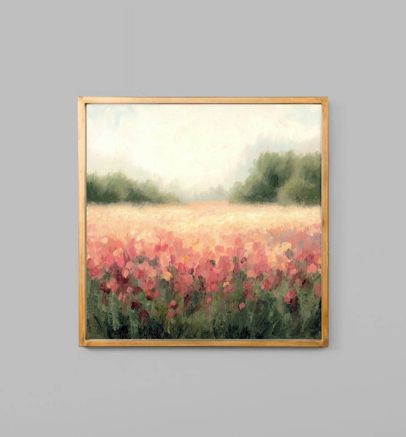 May include: A framed painting of a field of pink flowers with a hazy background of trees and a light blue sky.