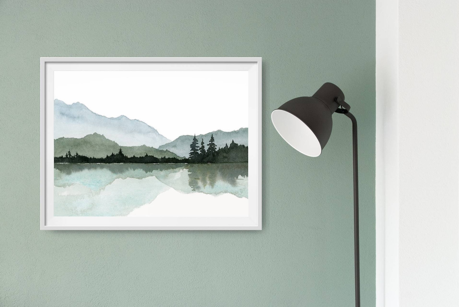 Watercolor Painting Mountain Lake Large Minimalist Wall Art Pine Forest ...