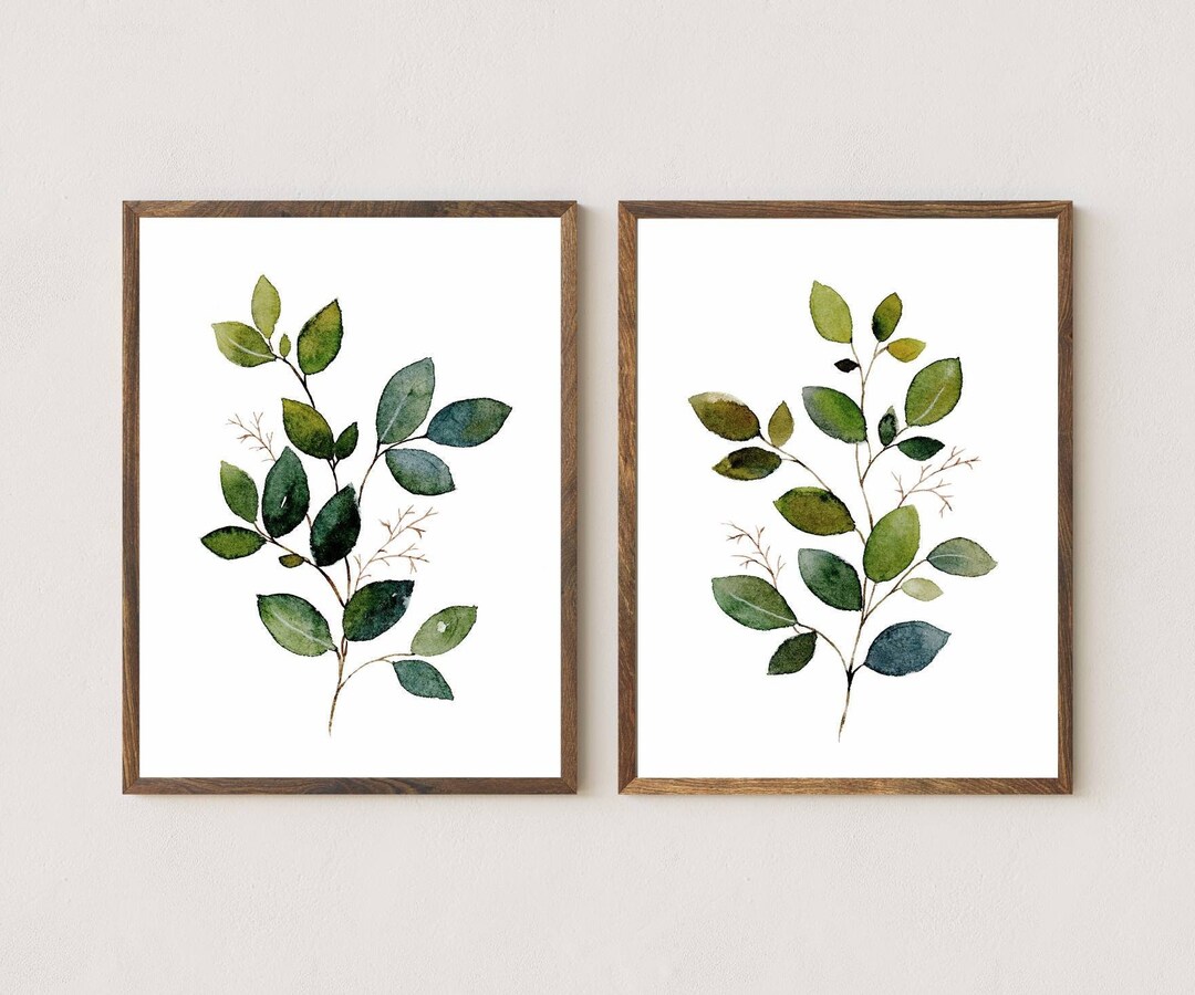 Large Floral Watercolor Painting Blue Green Leaves Print Set of 2 ...