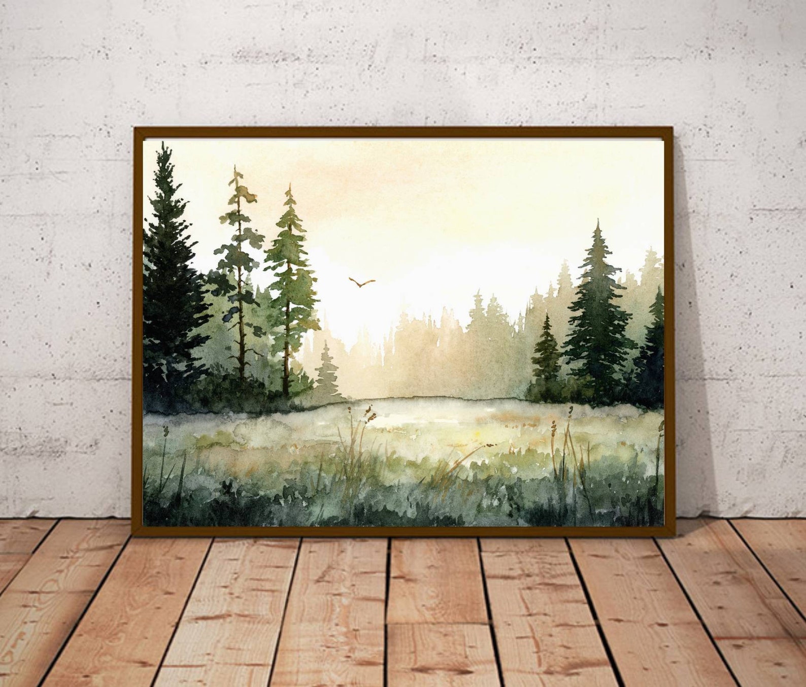 Sunrise Forest Wall Art Pine Tree Watercolor Painting Print Large ...