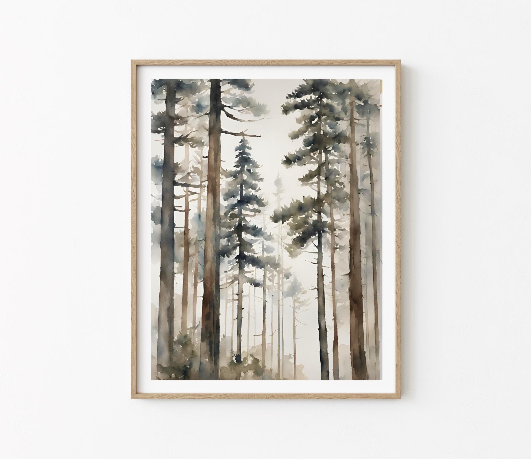 Pine Tree Painting Rustic Pine Forest Watercolor Art Print Misty Forest Wall Art Neutral Landscape Evergreen Forest Artwork