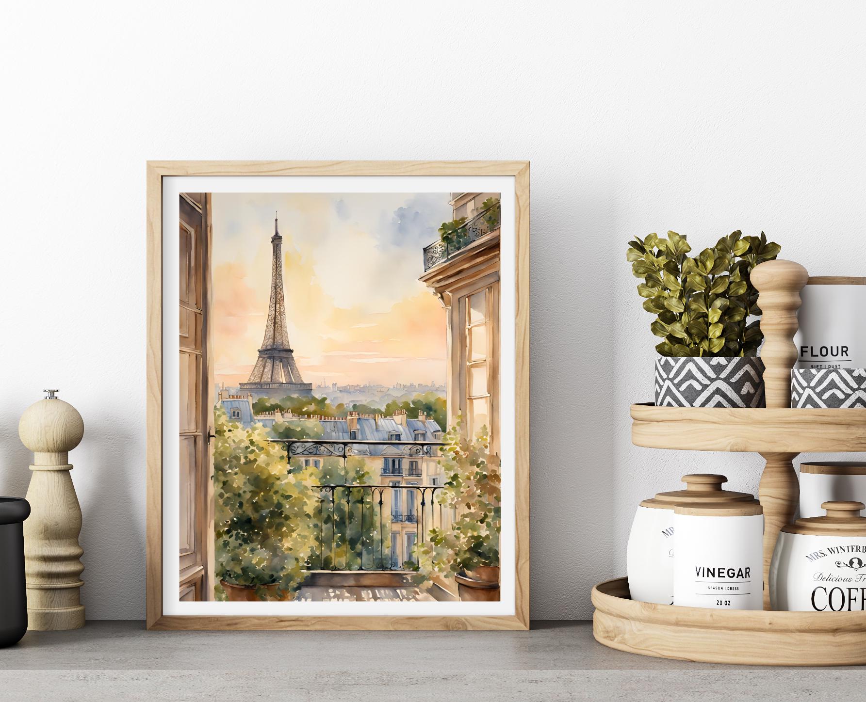 パリのポスターバルコニーの景色水彩画フランスの夕日エッフェル塔絵画