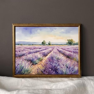 May include: A watercolor painting of a lavender field in Provence, France. The painting depicts a field of purple lavender flowers with a dirt path leading through the center. The sky is blue with white clouds and the sun is shining.