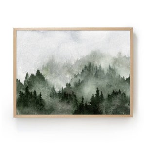 May include: A watercolour painting of a misty forest scene with dark green trees and a light grey background.