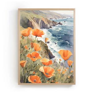 Pinturas de acuarela del paisaje costero de Big Sur imprimen amapolas de California pintando arte de pared grande