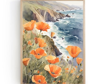Big Sur Küsten Landschaft Aquarellbilder Druck Kalifornien Mohnblumen Malerei große Wandkunst