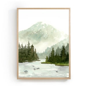 Mountain river landscape watercolor painting pine tree wall art neutral landscape green gray art print