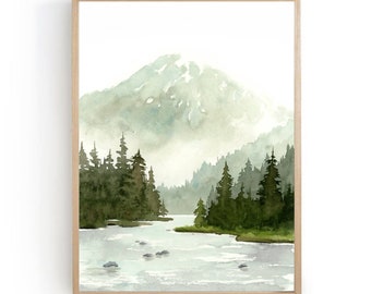 Mountain river landscape watercolor painting pine tree wall art neutral landscape green gray art print