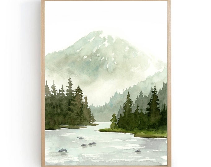 Sunrise Forest Wall Art Pine Tree Watercolor Painting Print Large ...