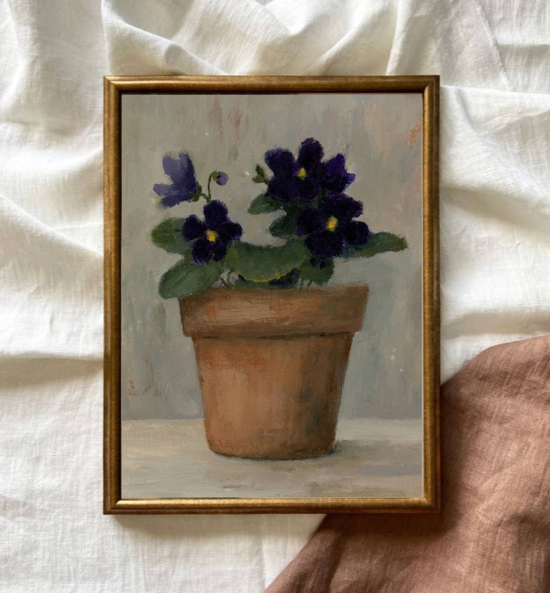 violettes en terre cuite pot huile peinture art imprimer photos cuisine maison de campagne décoration abstrait art nature morte peinture minimaliste violet gris image 2