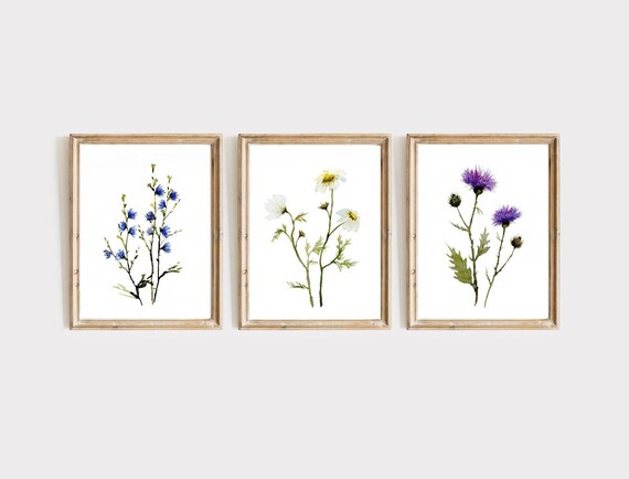 Wildflowers Print Set of 3 Flower Large Wall Art Watercolor - Etsy