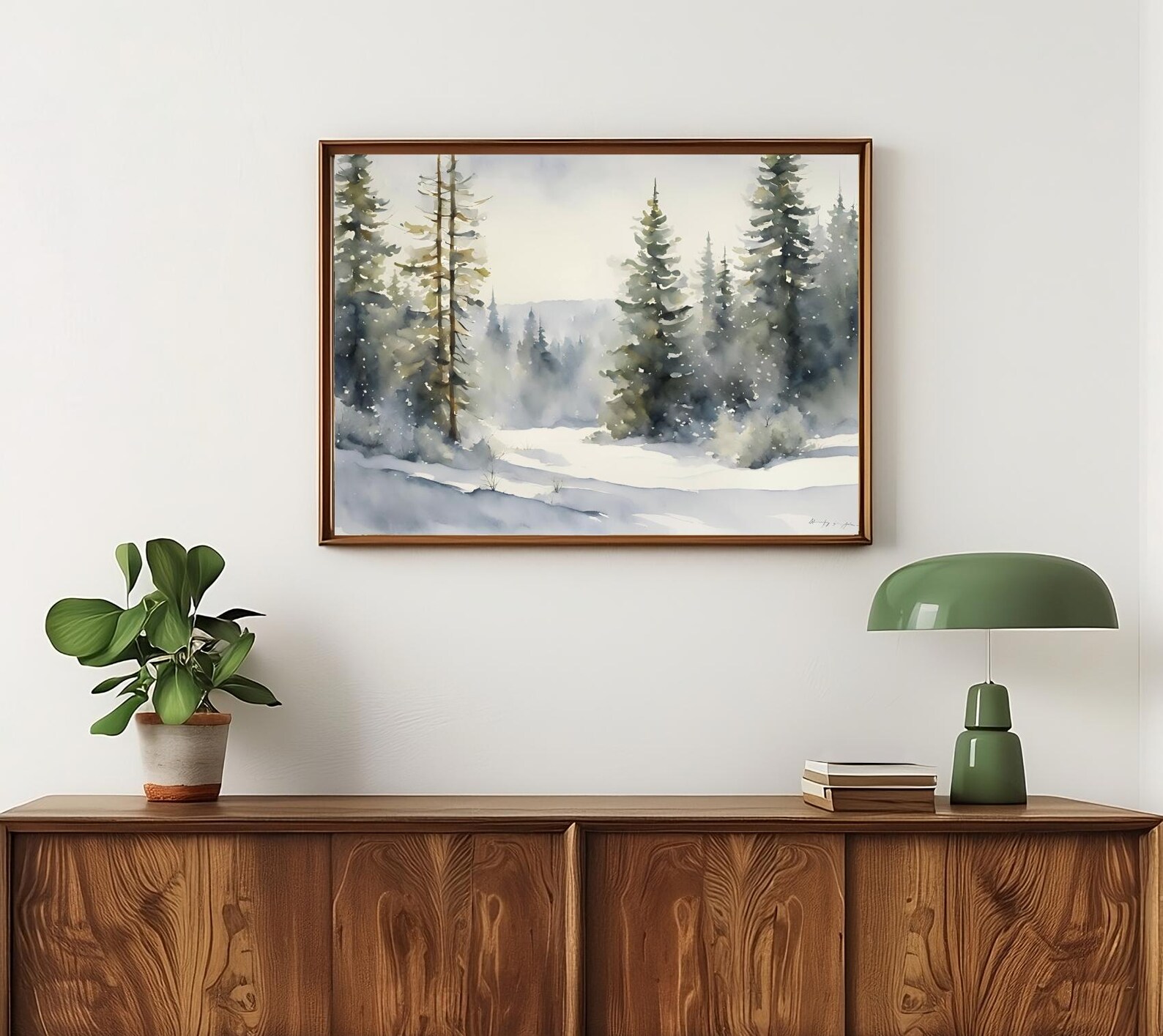 Snowy Pine Tree Forest Print Winter Landscape Watercolor Painting ...