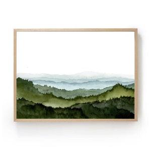 Teal forest poster mountain valley art blue green watercolor abstract landscape painting minimalist wall decor mountains green hills