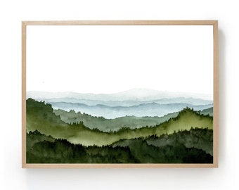 Teal forest poster mountain valley art blue green watercolor abstract landscape painting minimalist wall decor mountains green hills