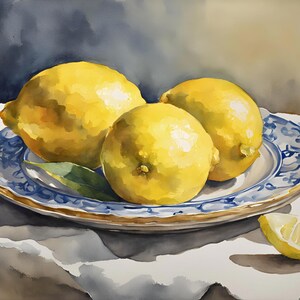 May include: Three yellow lemons on a blue and white patterned plate with a gold rim. The plate is on a white tablecloth. There is a slice of lemon on the table to the right of the plate.