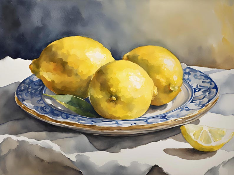 May include: Three yellow lemons on a blue and white patterned plate with a gold rim. The plate is on a white tablecloth. There is a slice of lemon on the table to the right of the plate.