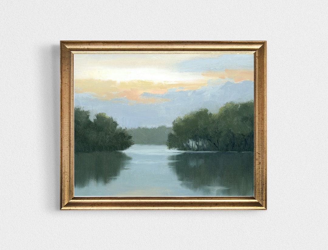 Sunrise Lake Oil Painting Art Print Minimalist Wall Art Landscape ...