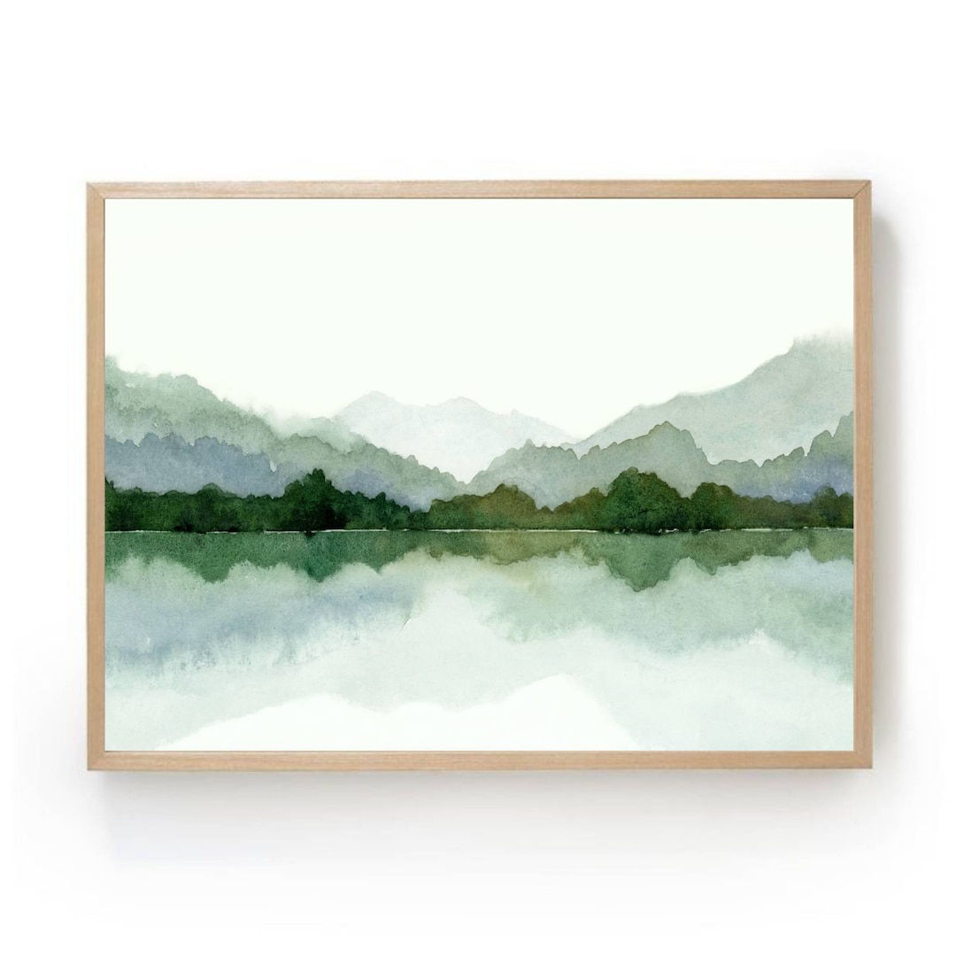 Forest Lake Wall Art Panoramic Landscape Blue Green Lake Watercolor ...