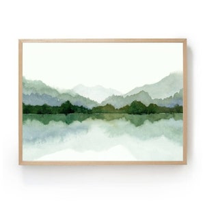 Foto&#39;s bergmeer aquarel landschap schilderij print minimalistische kunst blauw groen beige bergen aquarel foto bos meer foto panorama poster