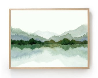 Forest lake wall art panoramic landscape blue green lake watercolor painting mountain lake art print large minimalist wall art