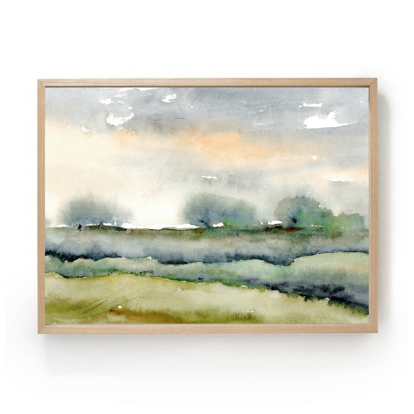 Watercolor landscape art print abstract painting blue green heels wall art panoramic landscape trees painting fine art print evening sky e