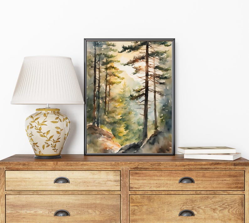 Pine Trees Painting Sunrise Forest Art Print Watercolor Landscape Sunny ...
