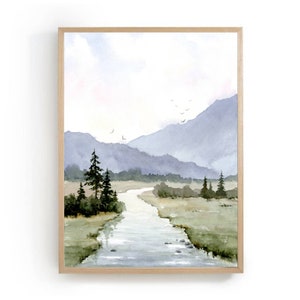 Mountain river landscape watercolor painting pine tree wall art neutral landscape light blue green art print abstract watercolor