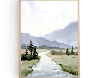 Mountain river landscape watercolor painting pine tree wall art neutral landscape light blue green art print abstract watercolor