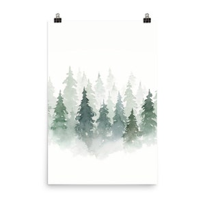 Pine Tree Print Watercolor Painting Pine Forest Large Wall Art Foggy ...
