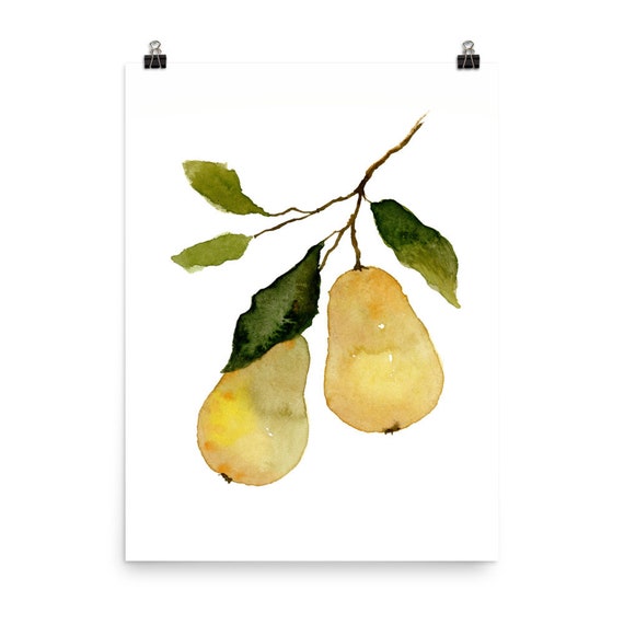 梨水彩画キッチンポスター XXL グリーンイエローベージュ果物写真