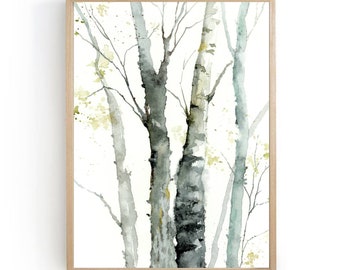 Aspen tree wall art Spring tree art print Abstract Watercolor painting Neutral landscape Birch minimalist wall art light gray wall decor