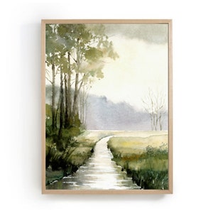 After rain landscape art print small river wall art green fields watercolor painting countryside painting neutral landscape large wall art